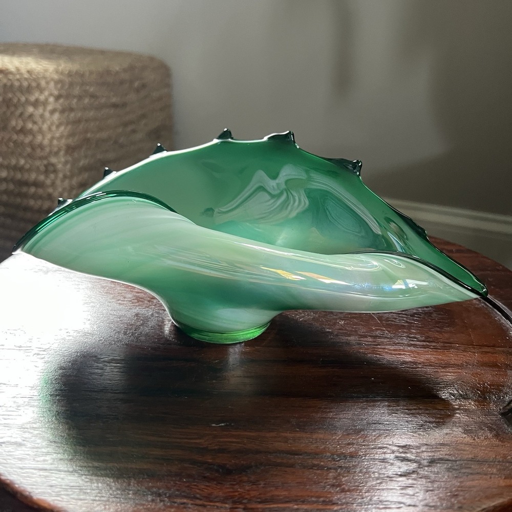 Art Glass Folded Shell Bowl Murano Style Luster Aqua Green Handblown Poland